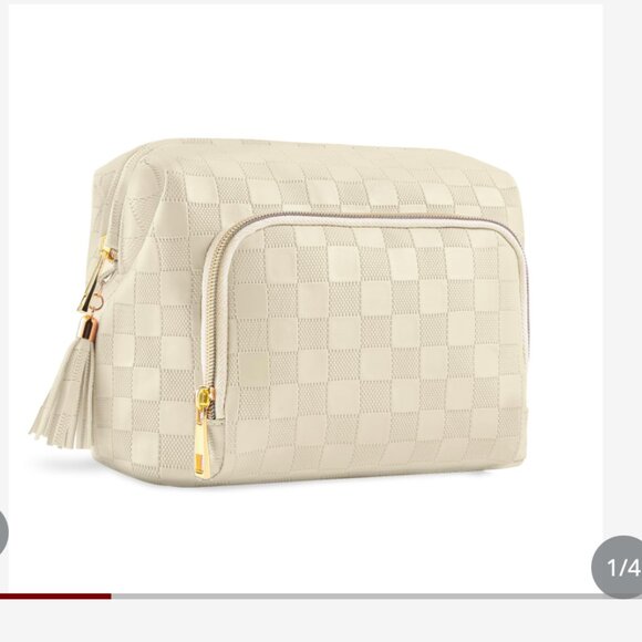 SuitShine Travel Makeup Bag Organizer PU Leather Checkered Cosmetic Bag - Picture 1 of 10